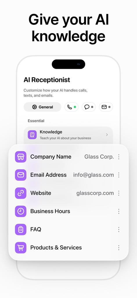 Beside (M1): AI Receptionist - Interface Beside AI Receptionist montrant les options pour entrer le nom de l'entreprise, l'e-mail et les heures pour former l'assistant IA