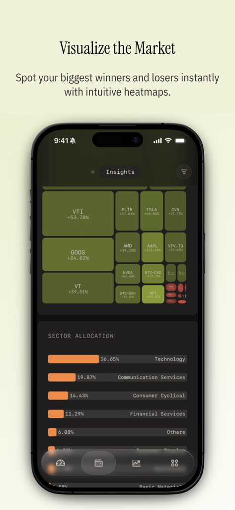 Wealthfolio: Private Finance - Interface do aplicativo Wealthfolio com mapa de calor do mercado de ações e gráfico de alocação setorial.