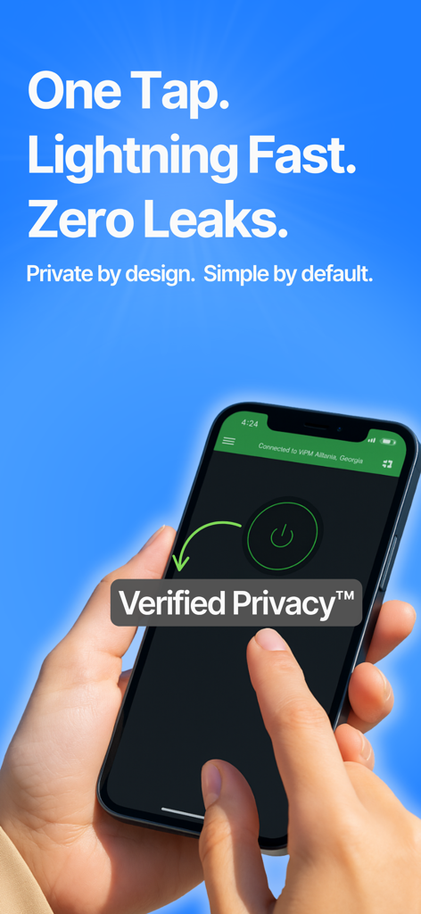 Una mano sosteniendo un iPhone que muestra la aplicación VP.NET VPN con el texto One Tap Lightning Fast Zero Leaks and Verified Privacy.