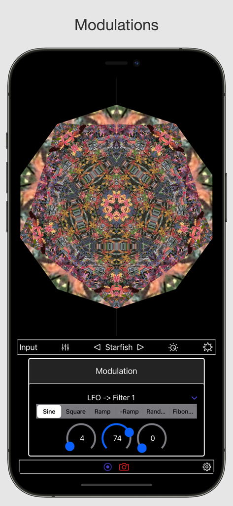 VideoSynth - VideoSynth app interface showing a kaleidoscope visual effect with LFO modulation controls for real-time video synthesis