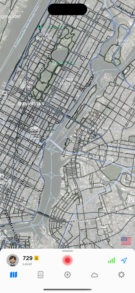 Fog of World app interface showing a map of Manhattan with unfogged travel paths and user level 729