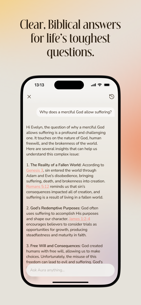Aura app AI chat interface showing biblical answers to tough life questions