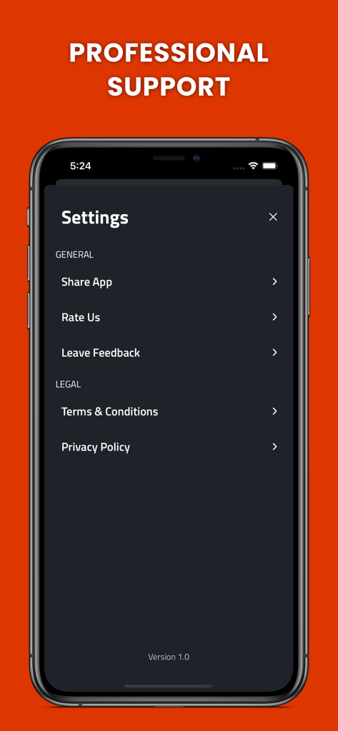 Cheats for GTA 5 - PS5,Xbox,PC - Schermata delle impostazioni dell'app trucchi GTA 5 che mostra opzioni generali e informazioni legali sotto l'intestazione del supporto professionale