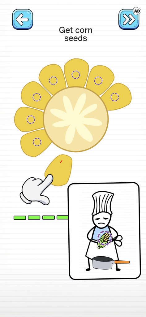 Help Me - Tricky Story 2 - A logic puzzle screen in the Help Me - Tricky Story 2 app showing a corn seed collection challenge with a chef character illustration.