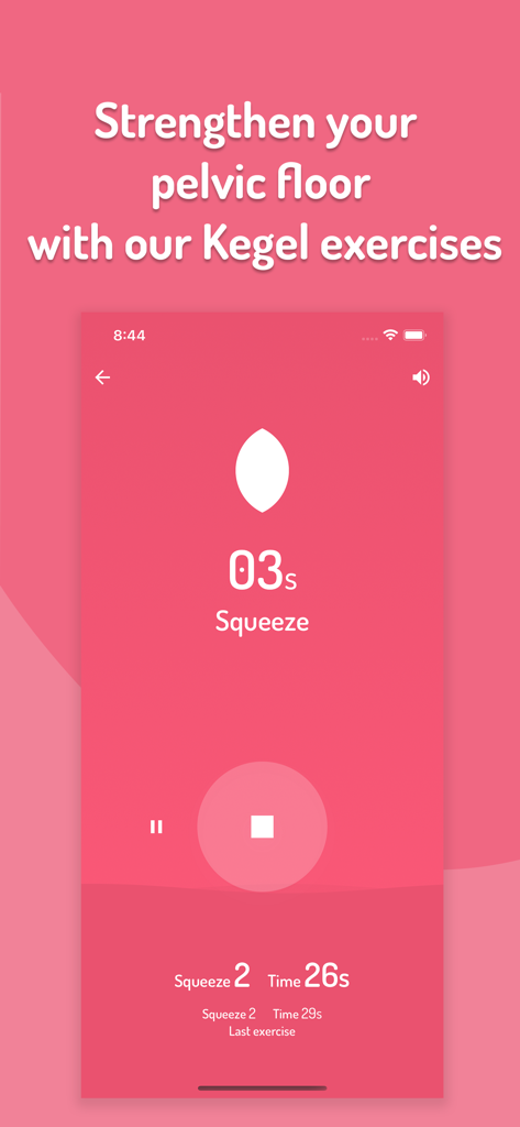 Squeeze Time 앱 인터페이스가 골반저 근육 운동 3초 카운트다운을 표시합니다
