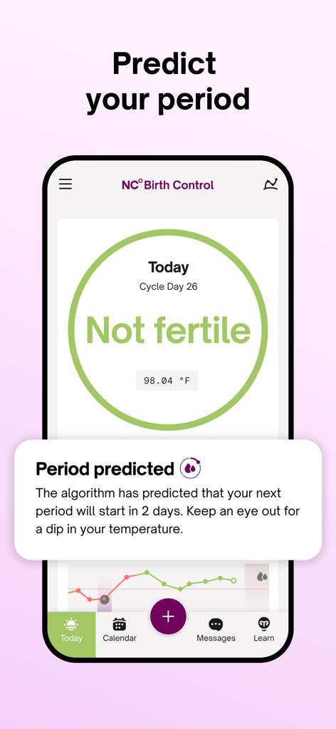 Natural Cycles Fertility App - Capture d'écran de l'application Natural Cycles montrant un statut non fertile au 26e jour du cycle et une notification de prédiction des règles.