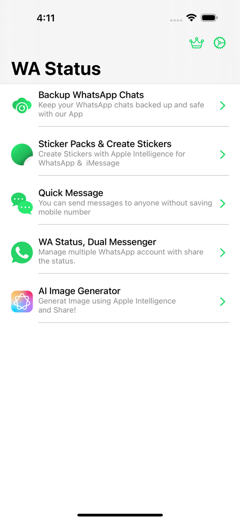 Status downloader - Main menu of the Status downloader app featuring WhatsApp tools like chat backup sticker creation quick message and dual messenger
