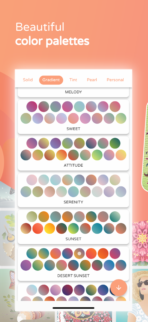 Interface showing various gradient color palettes like Melody and Sunset in the Color Matters coloring app