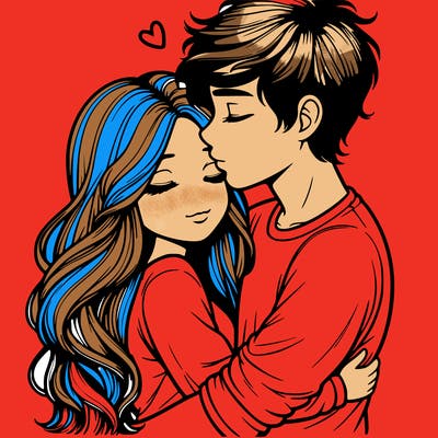 a realistic couple boy and girl hugging and kissing