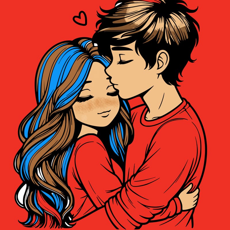 a realistic couple boy and girl hugging and kissing