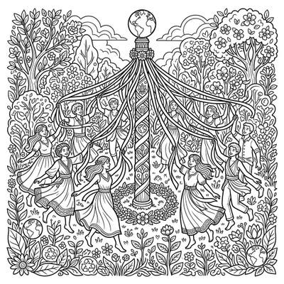 Immerse yourself in a beautiful celebration of nature and community with this intricate Maypole Dance coloring page. Perfect for Earth Day, it features joyful dancers, ribbons, and symbols of environmental care amidst lush foliage.