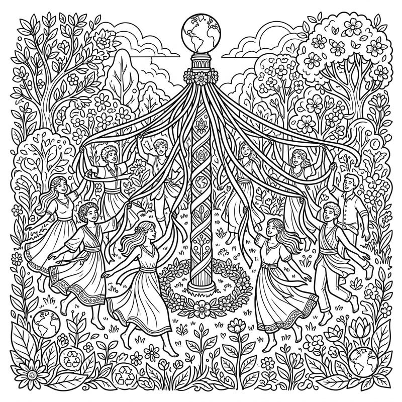 Immerse yourself in a beautiful celebration of nature and community with this intricate Maypole Dance coloring page. Perfect for Earth Day, it features joyful dancers, ribbons, and symbols of environmental care amidst lush foliage.