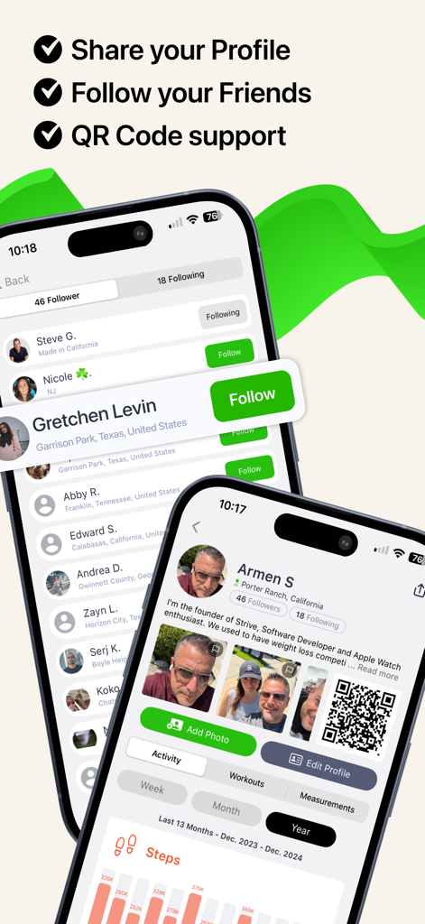 Recursos sociais do aplicativo Strive mostrando listas de seguidores e compartilhamento de perfis com códigos QR.