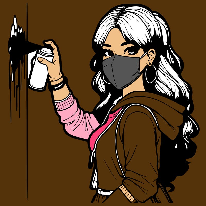 realistic girl with mask spray painting a wall