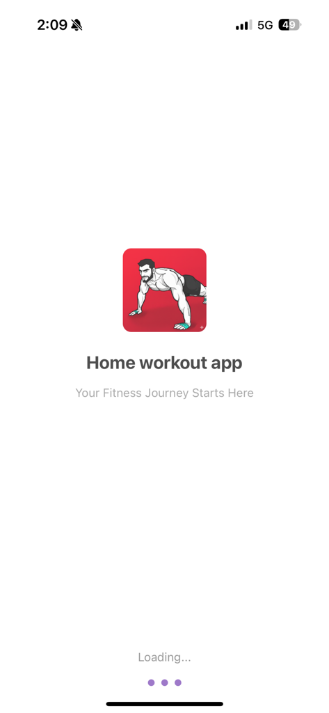Home workout app: No Equipment - Pantalla de carga de la aplicación de entrenamiento en casa con un hombre musculoso haciendo flexiones y el texto Tu viaje de fitness comienza aquí