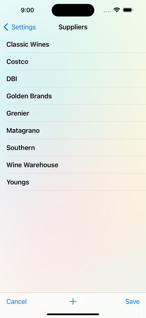 A list of beverage suppliers within the BarkeepApp inventory management settings.