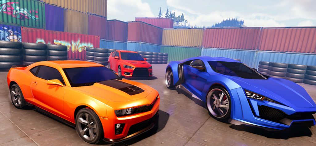 Car Crash Simulator Mega Jump - Orange and blue sports cars parked in a container yard