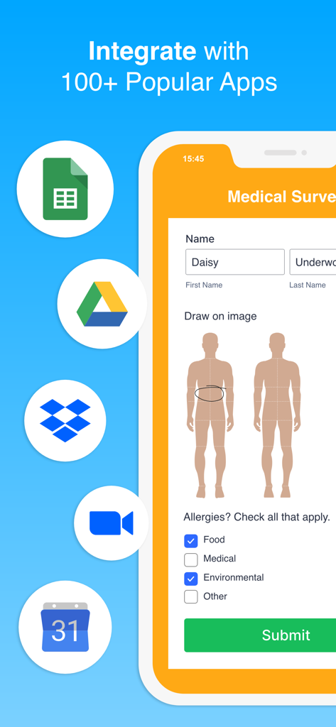 Jotform Health app showing a medical survey form and icons for integrations with Google Drive, Dropbox, and Zoom.
