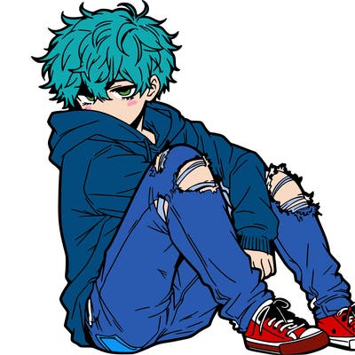 a male hoddie ripped jeans messy hair anime
