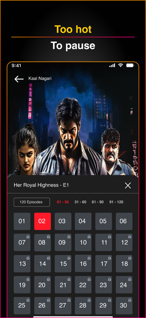 ALTT – Webseries & Movies - Interfaz de la aplicación ALTT que muestra una lista de 120 episodios cortos de una serie dramática vertical