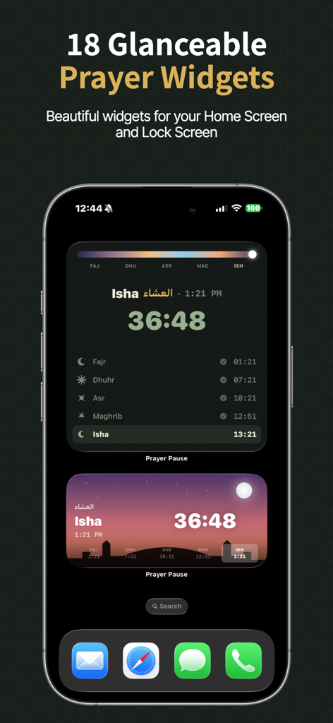Prayer Pause: Salah & Focus - iPhone home screen displaying various prayer time widgets and countdowns
