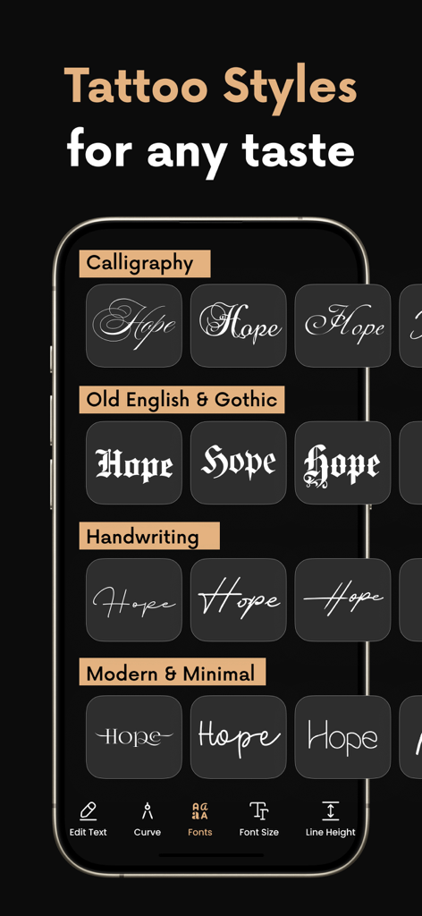 Tattoo Fonts Maker: Tattify - A mobile screen showing different tattoo font styles like calligraphy and gothic