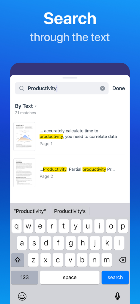 Scanner Pro interface showing OCR search results for the word productivity in scanned documents