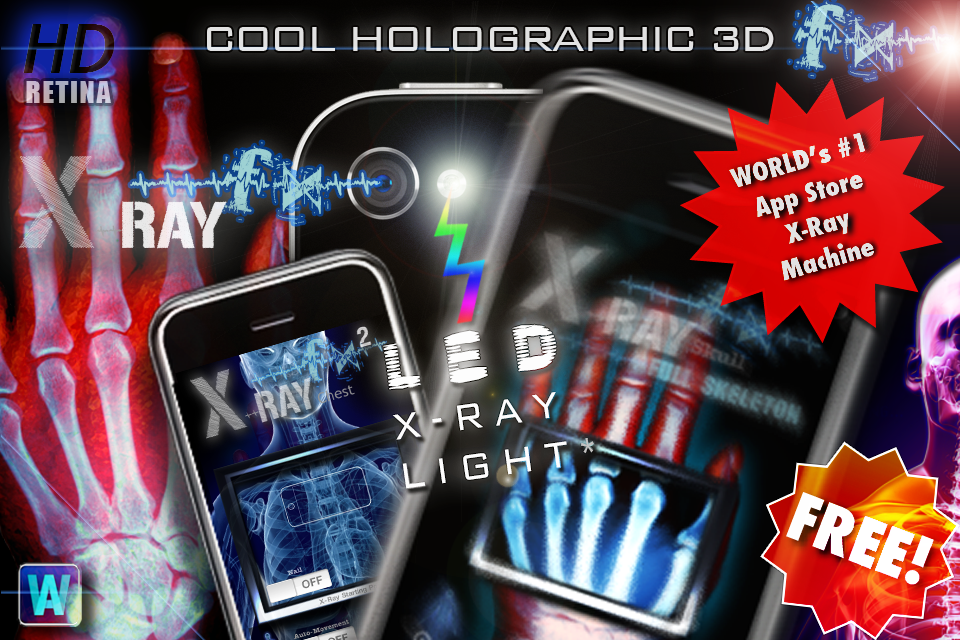 Promotional screen for Amazing X-Ray FX 2 LITE app showing simulated skeleton scans on an iPhone