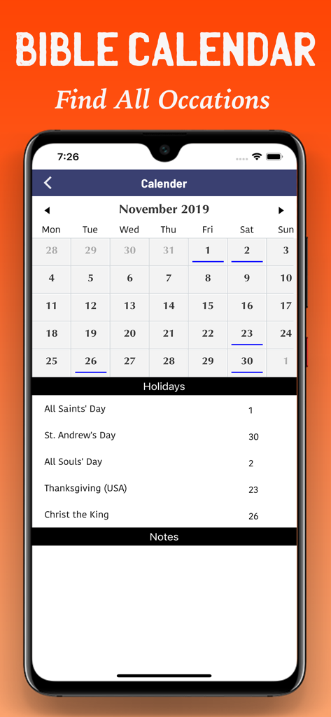 Biblia de Jerusalén Católica - Mobile app screen showing a monthly Bible calendar with a list of Catholic holidays and a notes section.