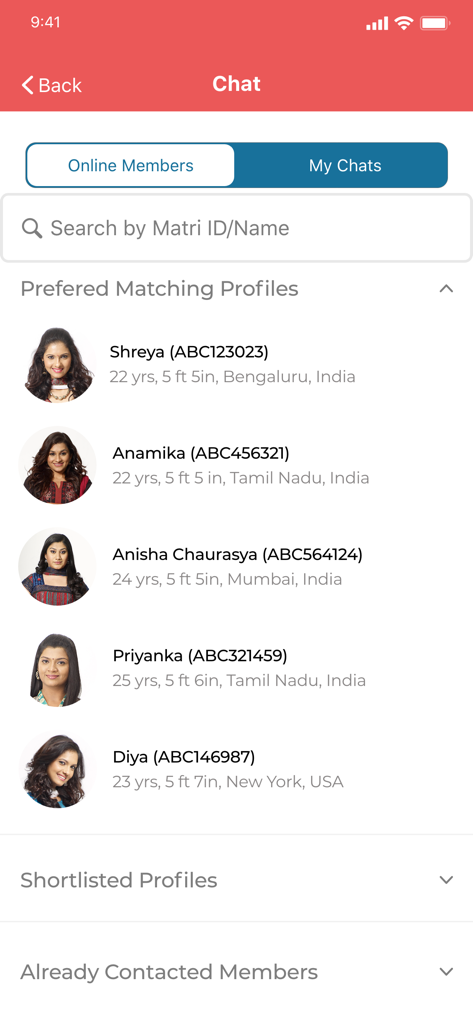 Community Matrimony App - Chat interface of the Community Matrimony app showing preferred matching profiles from India and New York