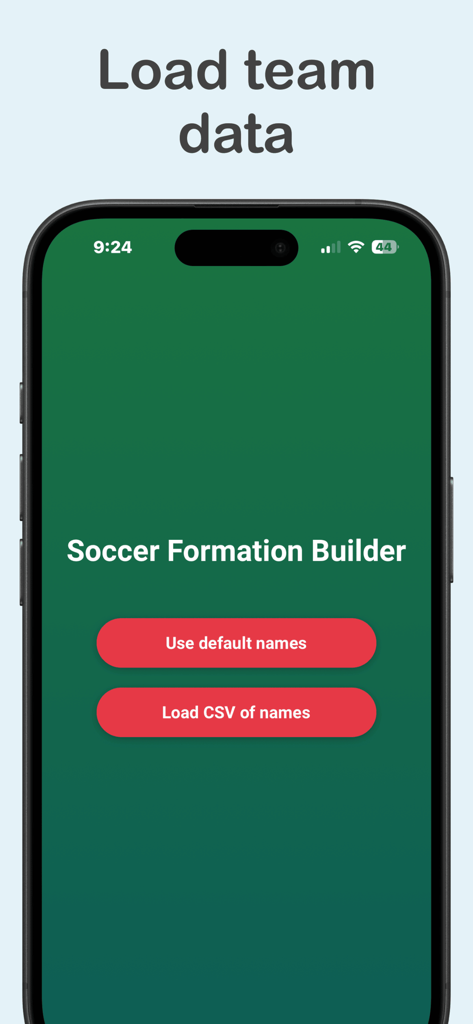 Football Formation - Initial setup screen of the Football Formation app offering options to load team data via CSV or use default names