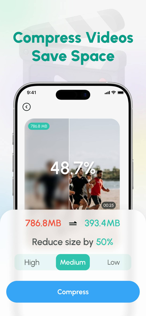 AI Cleaner app screen showing video compression to save storage space by reducing file size by fifty percent.
