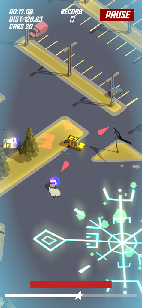 PAKO Forever - PAKO Foreverのゲームセッション中、様式化された駐車場でパトカーから逃れる黄色い車。