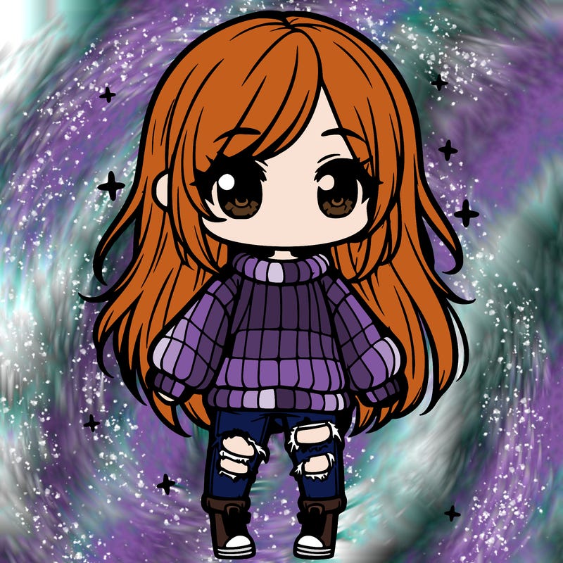 chibi girl with ripped jeans,long hair, and an oversized sweater