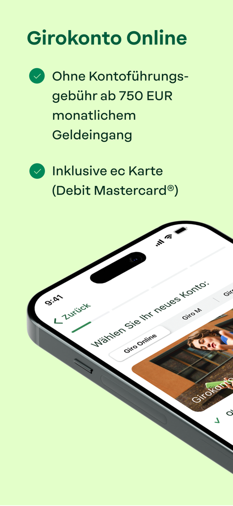 Mobile app interface for opening an OLB online checking account with features listed.