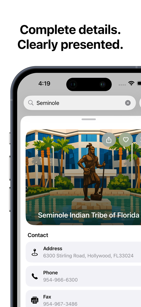 Native Nations - Écran d'application mobile montrant les coordonnées de la tribu Séminole de Floride