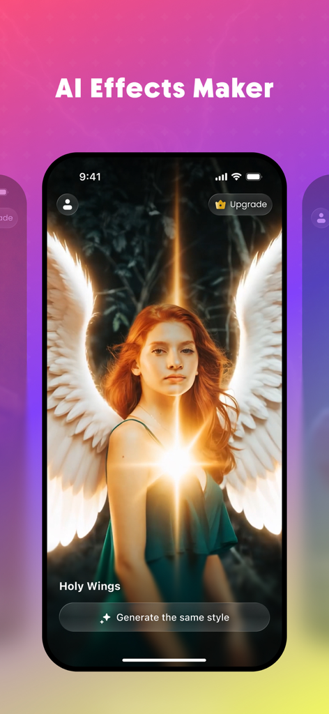 VidEffect: AI Video Effects - Interface do aplicativo VidEffect mostrando o efeito de vídeo IA Holy Wings aplicado a uma foto de uma mulher.