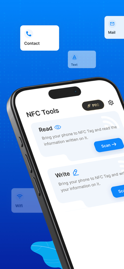 NFC Tools: Card Reader & Write - NFC 도구 앱의 인터페이스가 iPhone에서 NFC 태그를 읽고 쓰는 메인 메뉴를 보여줍니다.