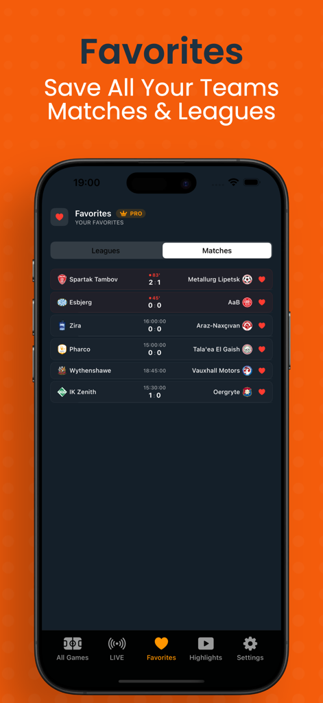 The Dofu - Live Sports Scores - Una pantalla móvil que muestra la sección de favoritos con una lista de partidos de fútbol en vivo y puntuaciones
