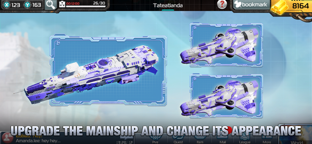 A game screen showing options to upgrade a mainship and change its appearance in Ark of War