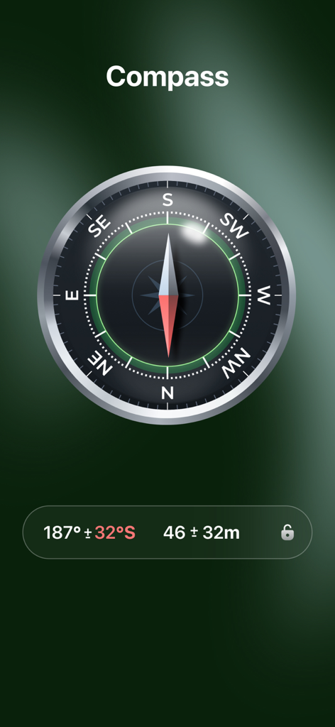 Digital compass interface in the Bubble Level app showing orientation and altitude details.