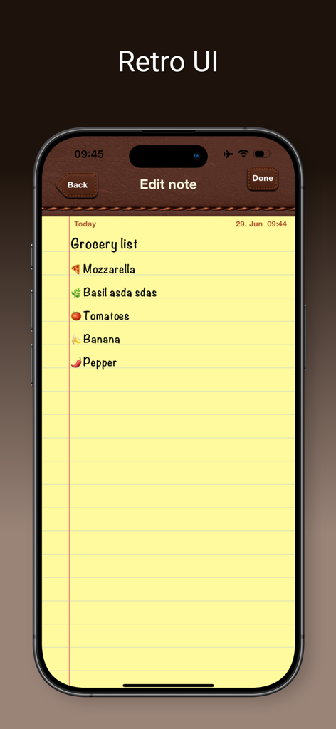 SkeuoNotes - 가죽 질감 헤더가 있는 노란색 줄무늬 종이에 식료품 목록을 보여주는 SkeuoNotes 앱