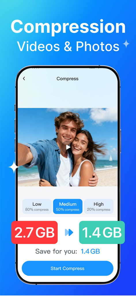 TopCleaner:Release Storage - TopCleaner app interface showing options to compress photos and videos to save storage space
