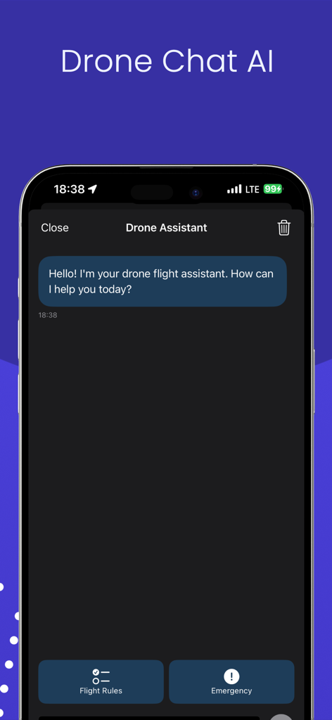 AI drone flight assistant chat interface featuring quick links for flight rules and emergency situations.