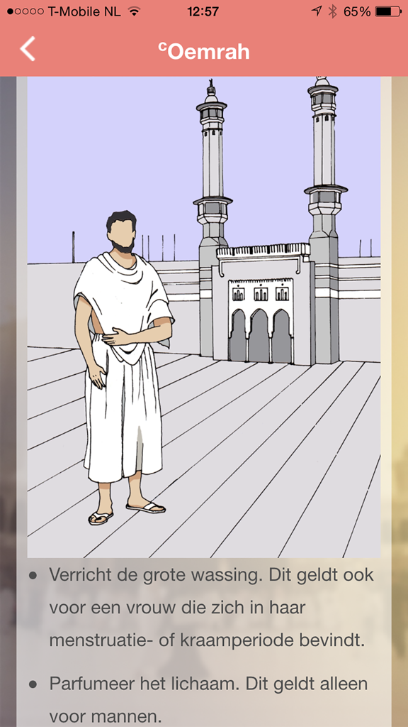 Oemrah & Hadj - Illustration of a man in white Ihram clothing for pilgrimage in the Oemrah and Hadj app