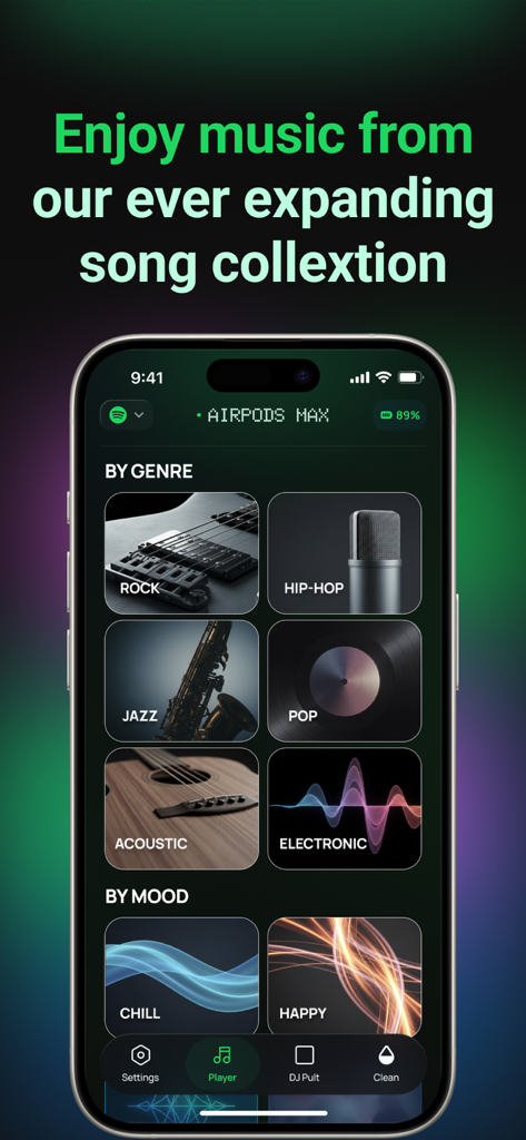 PRO Speaker Headphones Connect - Interfaz de la aplicación PRO Speaker Headphones Connect mostrando la biblioteca de música categorizada por género y estado de ánimo.