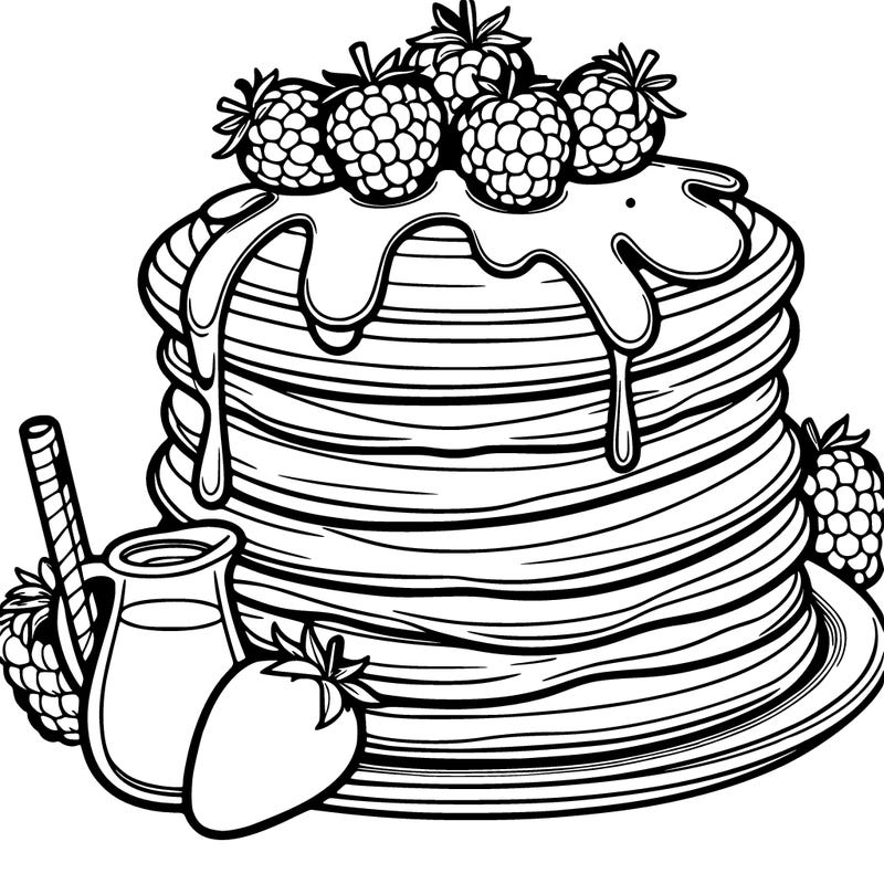 pancakes stacked high with syrup and fresh berries on the side.