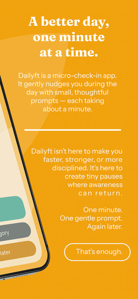 Dailyft – One Minute Better - 웰니스 마이크로 체크인 텍스트가 있는 Dailyft 앱 소개 화면
