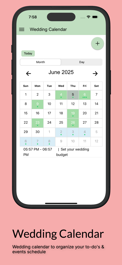 Interfaccia dell'app mobile che mostra un calendario mensile del matrimonio con date di eventi evidenziate e attività programmate