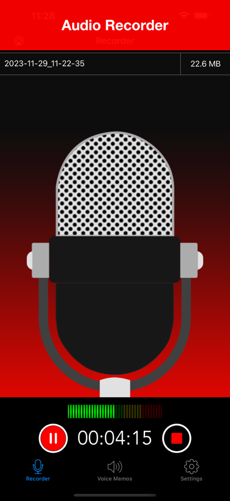 Voice Recorder Lite app interface showing an active HD audio recording with a large microphone icon and a timer